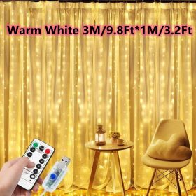 1pc; Window String Lights; Christmas Decoration 100/200/300 LED Remote Control USB Wedding Garland Curtain Lamp 3M/9.8Ft Fairy Lights (Color: Warm White, size: 9.84ftx3.28ft -100LED)